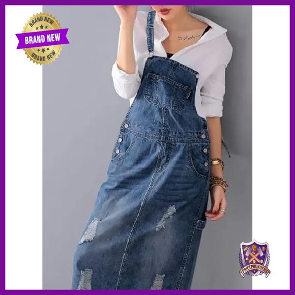 Adjustable Strap Distressed Denim Overall Dress A-Line Pinafore - Picture 6 of 7